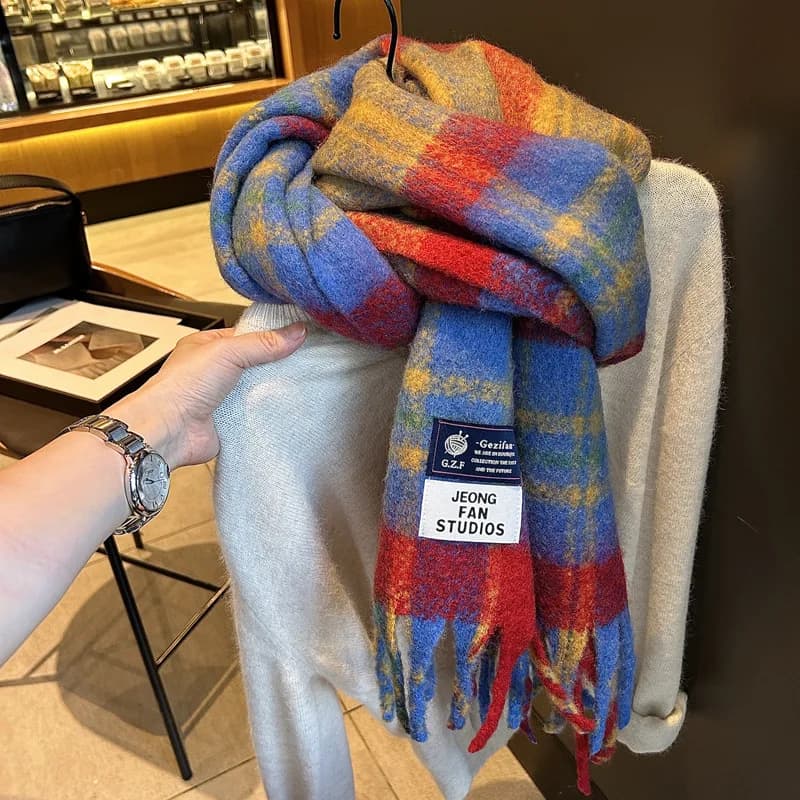 Moda rosso blu giallo plaid misto con sciarpa di lana donna inverno caldo fazzoletto da collo lungo scialle di pashmina