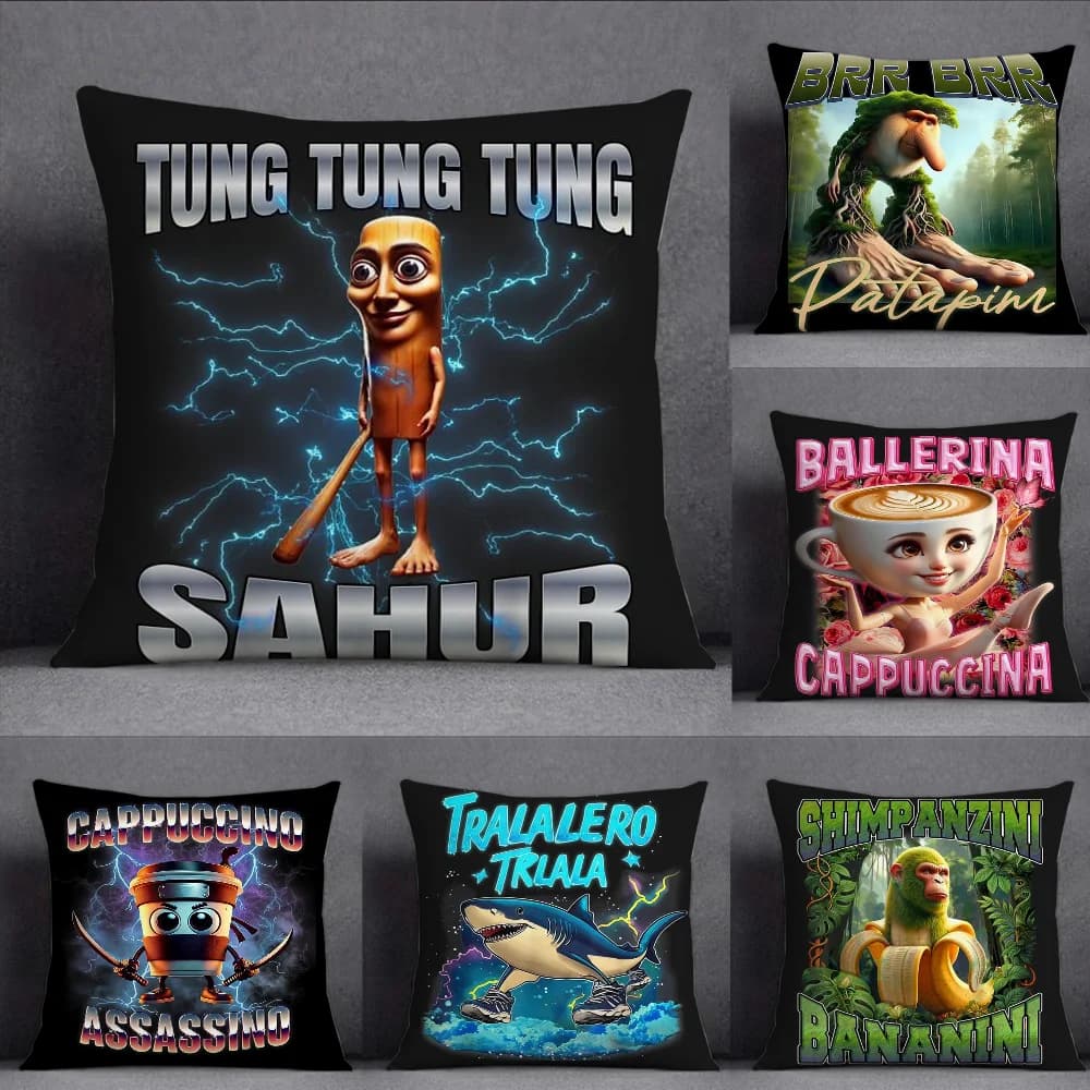 ITALlAN Brainrot Federa per cuscino animale creativo Stampa fronte-retro quadrata Fodera per cuscino per divano in peluche corto Cuscino per comodino camera da letto