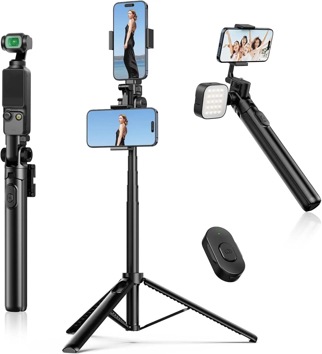 Treppiede Estensibile MT-70, Asta Selfie da 160 cm con Supporto per Vlog e 2 Clip per Telefono come Teleprompter, 360° ° Supporto per Fotocamera Rotante