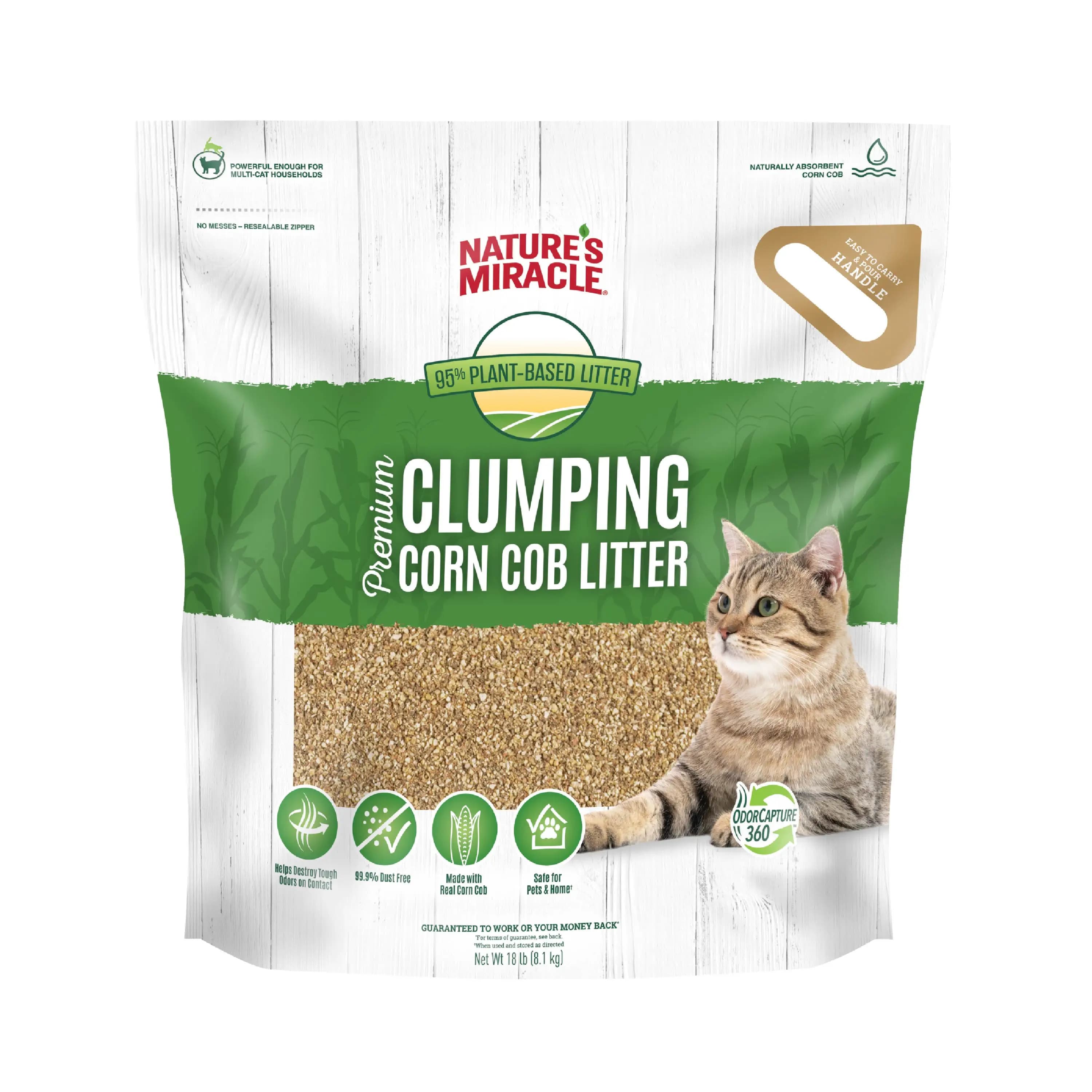 Premium clumping corn cob cat litter with bio-enzymatic odor control, 18 lb bag for effective absorption