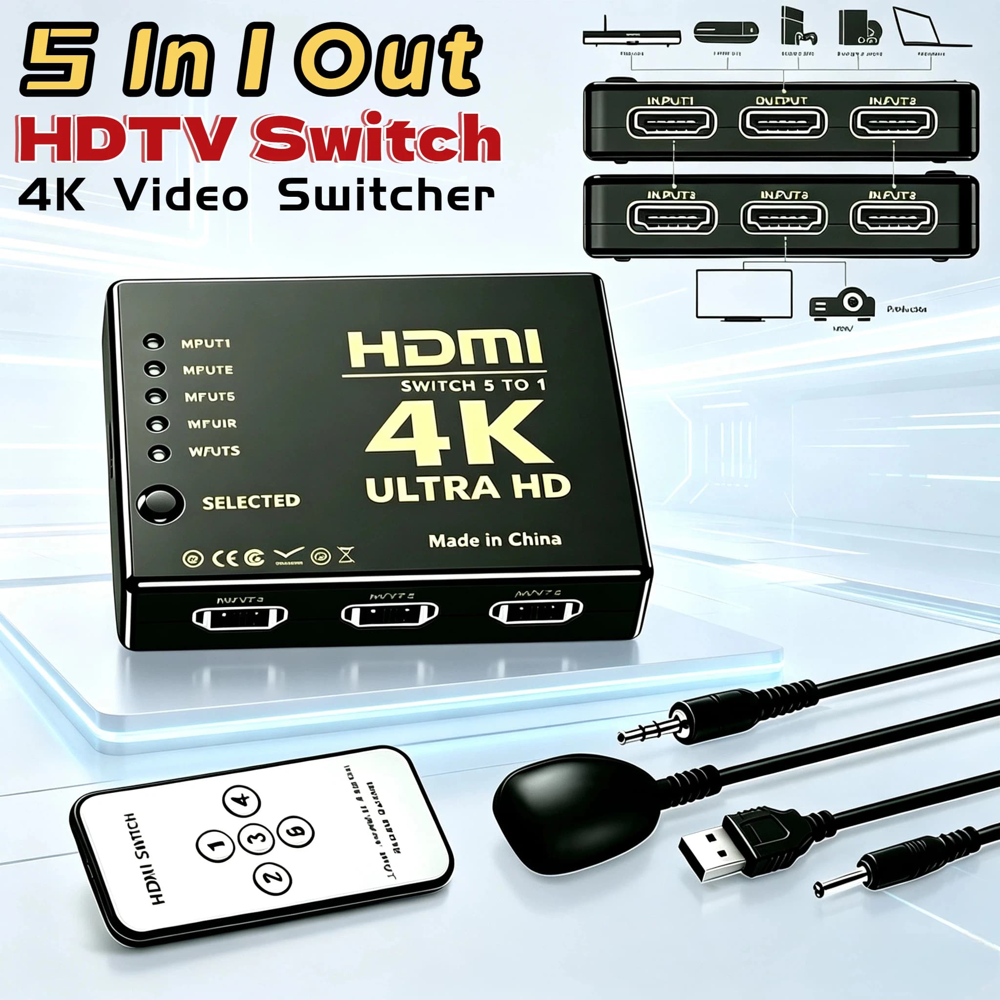 4K 5 In 1 Out HD Video Switcher HDMI-Compatible Splitter 1080P Video Adapter with IR Remote for PS4/3 Laptop PC HDTV Box DVD