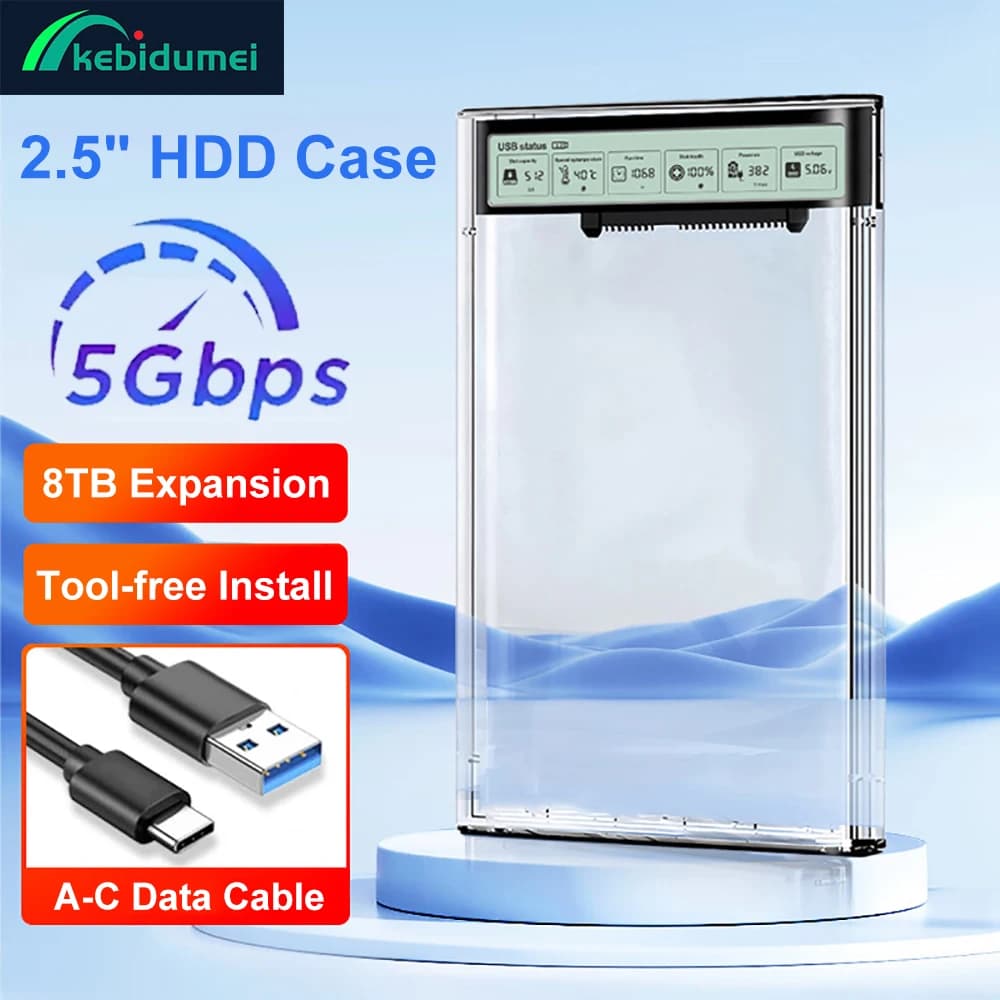 Custodia per disco rigido USB3.2 Custodia per disco rigido esterno SATA SSD da 2,5 pollici Display digitale intelligente Scatole per disco rigido trasparenti da 5 Gbps Senza attrezzi
