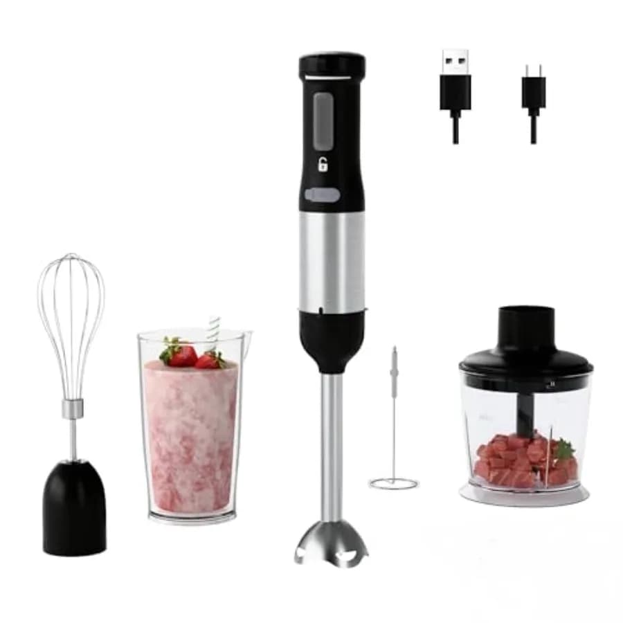 Frullatore a Immersione Senza Fili 5-in-1 a Velocità Variabile Ricaricabile con Batteria da 2000mAh, Accessori Senza BPA Lavabili in Lavastoviglie