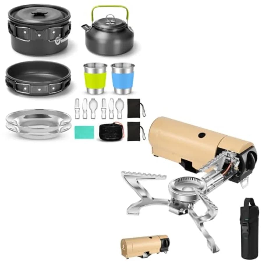 Set - 2 Articoli: Kit da Cucina da Campeggio 15 Pezzi Antiaderente Leggero con Pentola, Padella e Bollitore, e Fornello Portatile da Campeggio 1400W