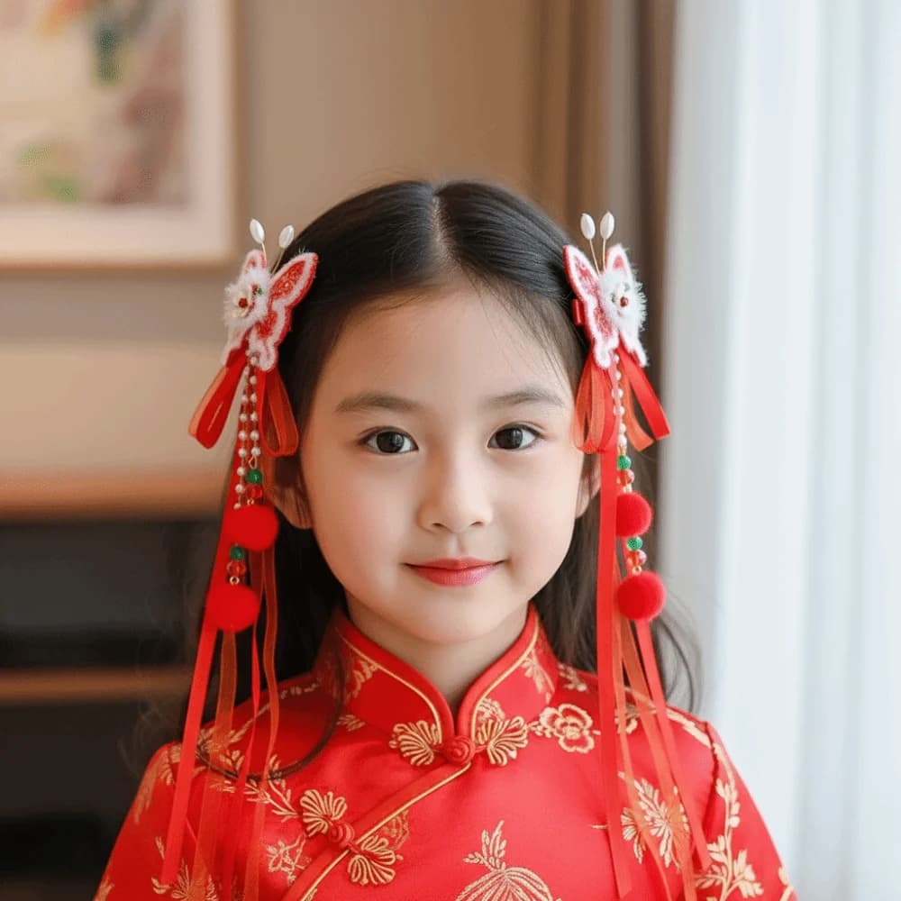Cheongsam Elegant Traditional Chinese Hair Clip Cute Bow Tassel Hairpin Red Hair Ball New Year Hair Accessory Cosplay Events