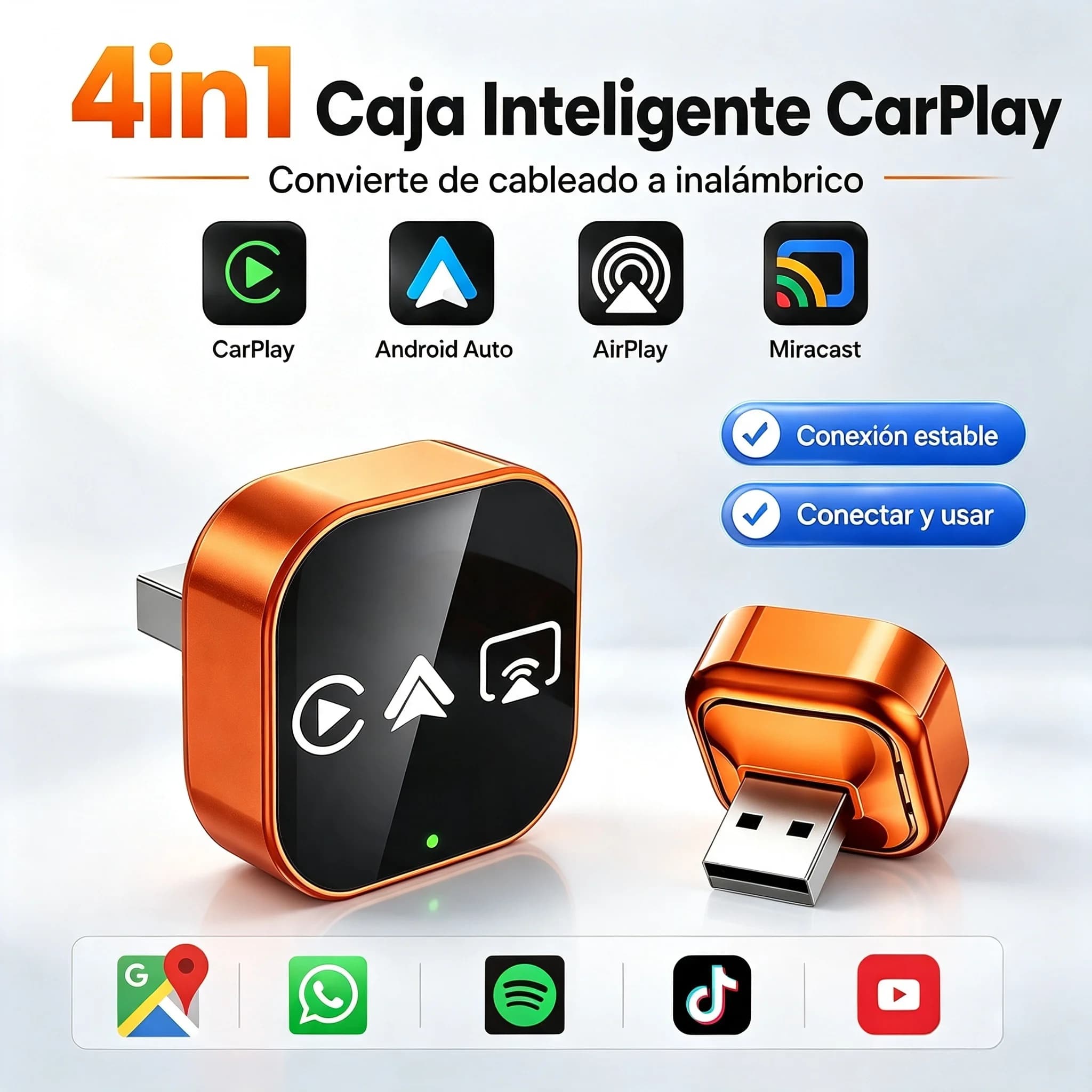 4 in 1 Wireless Carplay Adapter, Multifunction Dongle for Carplay/Android Auto/Airplay/Mirror Link, Plug and Play Wifi 5Ghz Compatible with 98% of Cars with Original Carplay