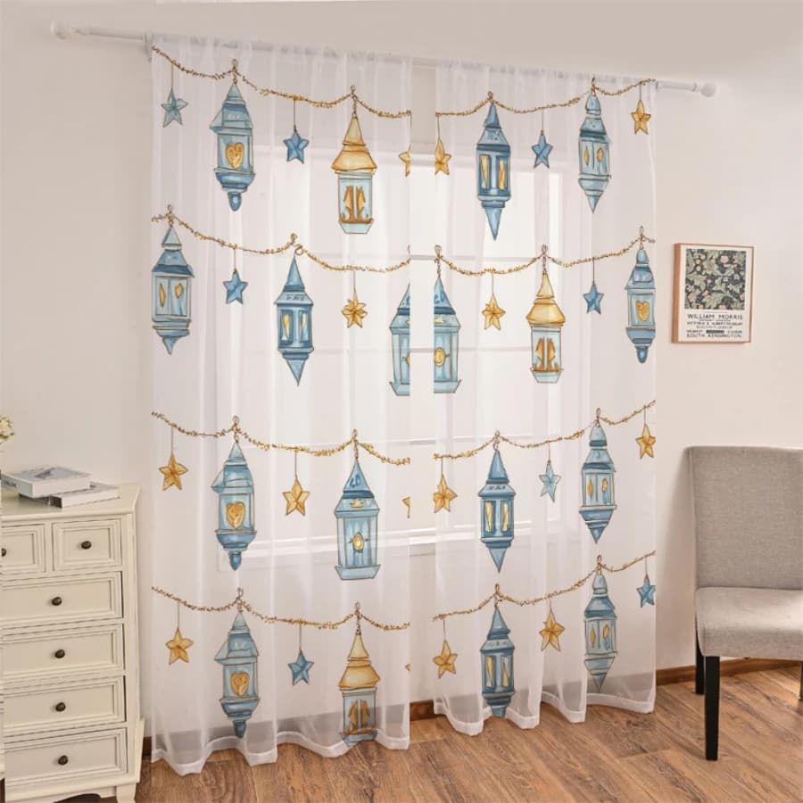 2PCS Digital Print Sheer Curtains, Blue Gold Lamp Star String, Luxury Celestial Night Decor for Bedroom Living Room Home Decor