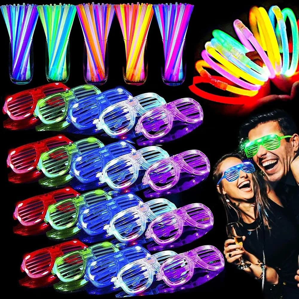 Confezione da 136 bomboniere che si illuminano al buio, 100 bastoncini luminosi e 36 occhiali a LED con otturatore, accessori luminosi per bambini e adulti