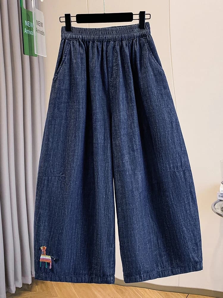 Loose Wide Leg Jeans Elastic Waist Pure Color Summer New Arrival Casual Pants for Women Comfortable Breathable Cotton Fabric