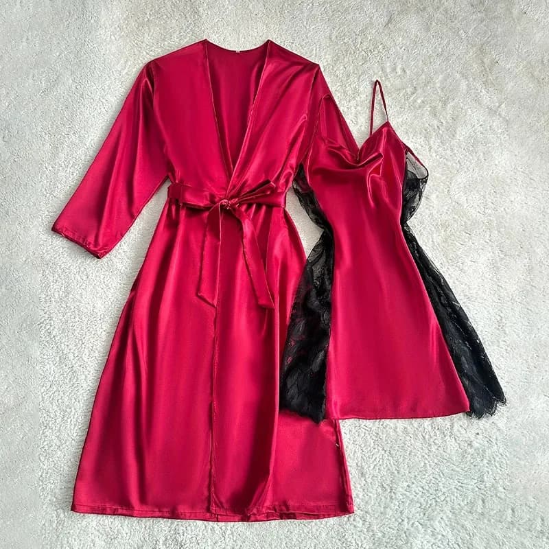Twinset Bathrobe Gown Spring Summer Female Robe Set Lace Hollow Out Nightgown Women Kimono Rayon Satin Loungewear d'4o