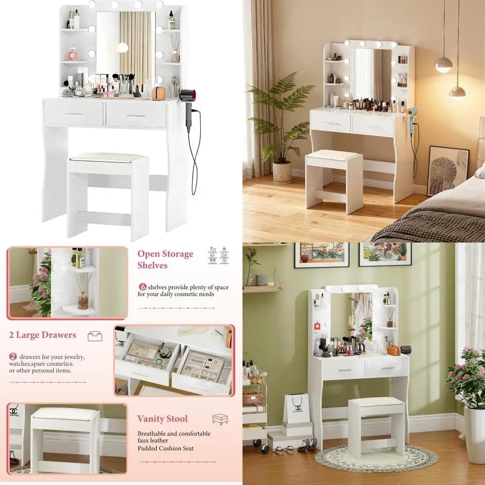 Vanity Desk con specchio, ciabatta regolabile, illuminazione a 3 colori, supporto per asciugacapelli - Set da toeletta per trucco e styling
