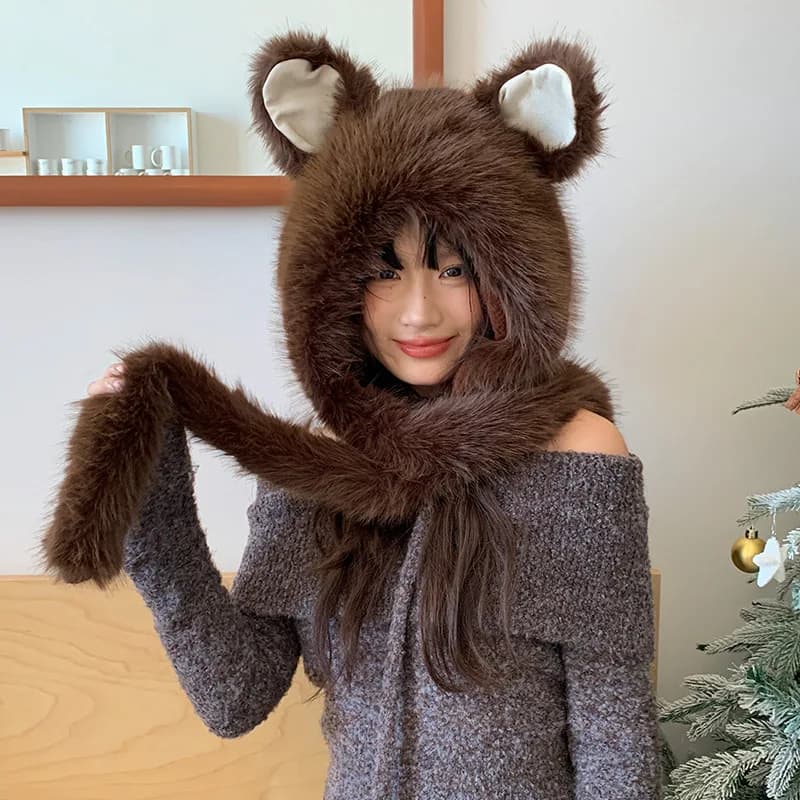 Nice plush hat with fox ears to keep the winter warm, thick fur, ear protection, scarf, integrated cold protection, girl gift