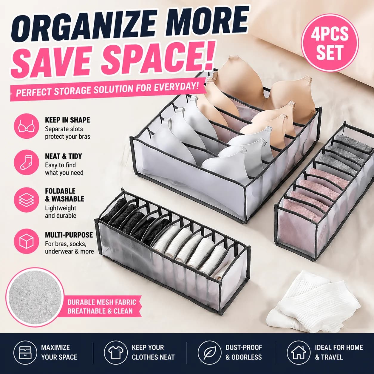 2026 New Underwear Storage Box Artifact Mesh Divided Drawer style Underwear Clothes Sorting Box Pants Socks Save Space