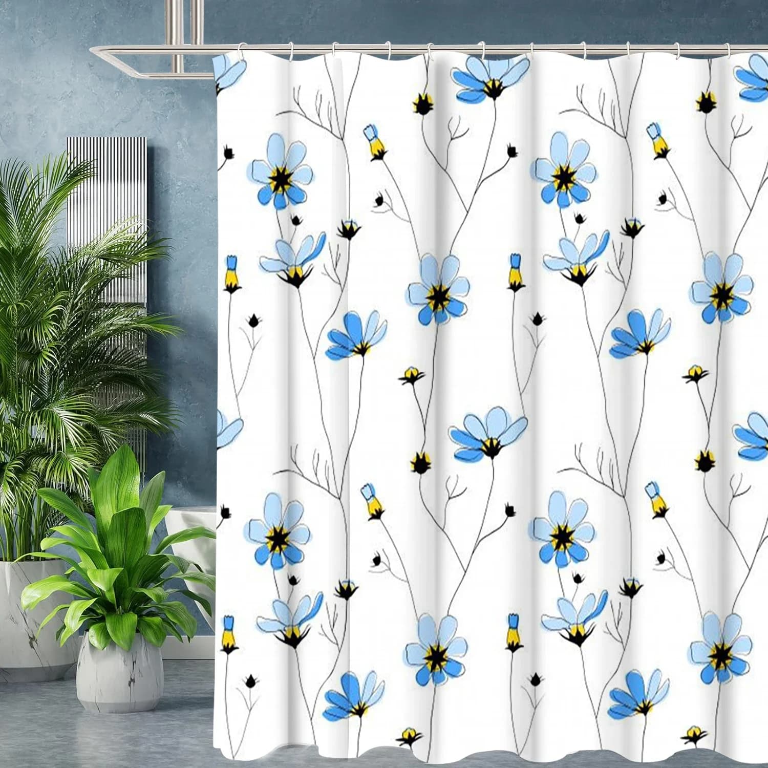 Tenda da bagno con motivo floreale piccolo blu Tenda da doccia per bagno impermeabile con 12 ganci Home Deco