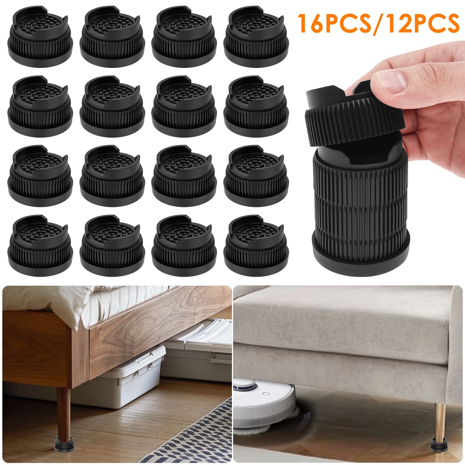 Set di 12/16 Pezzi di Supporti per Mobili Impilabili, Estensori per Gambe di Tavoli, Piedini Antiscivolo Resistenti per Divani, Sedie e Letti