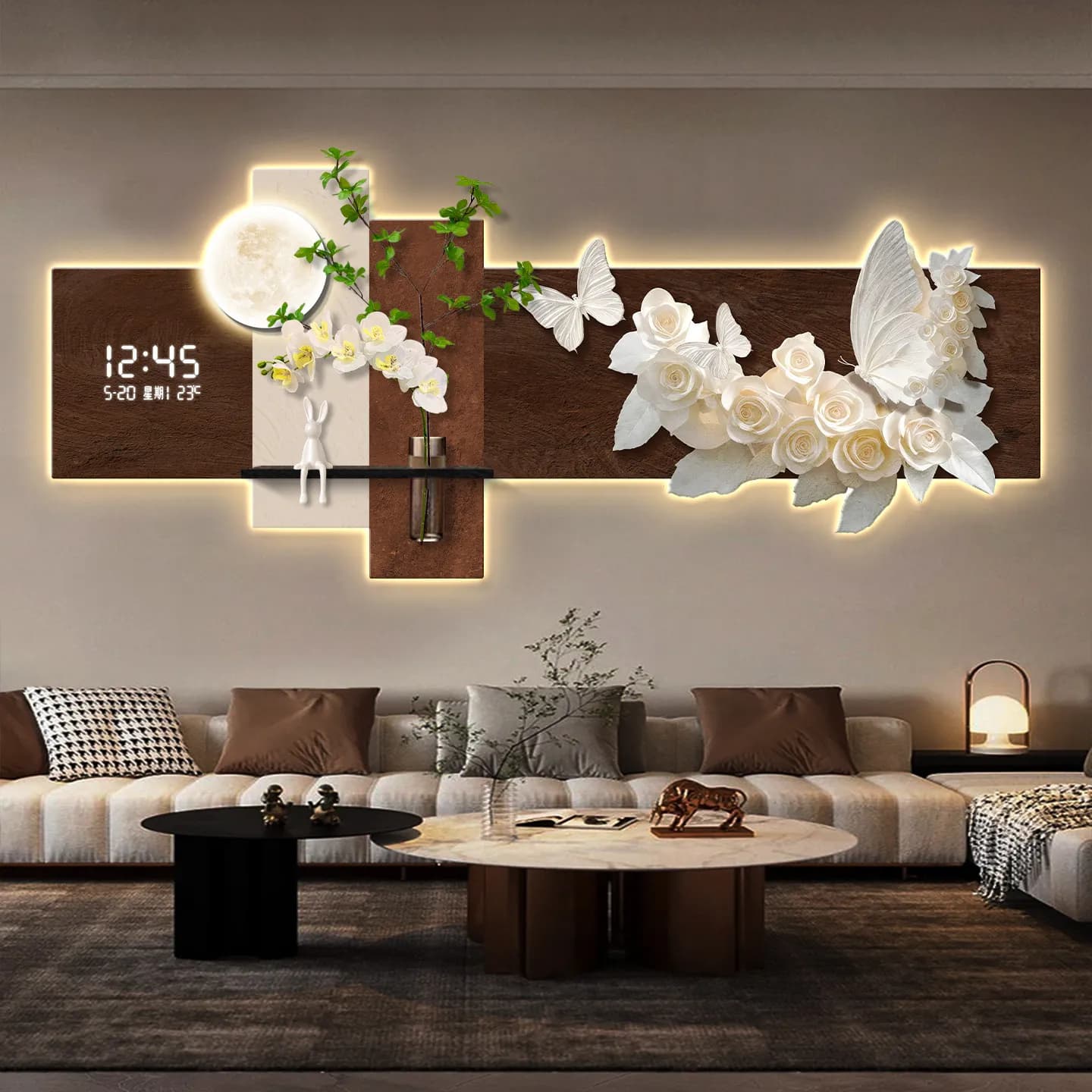 Decorative print of high range with butterflies for living room, wall lamp with electronic clock, mural painting with hydroponic plants, wall decoration for the background of the sofa.