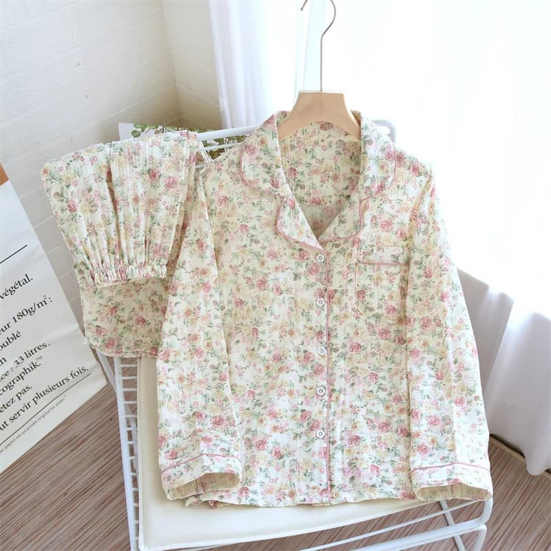 Autumn Cotton Crepe Women's Pajamas Casual Soft Loose Sleepwear Long Sleeve Pants Pajama Sets Wedding Night Clothes 2-piece Set