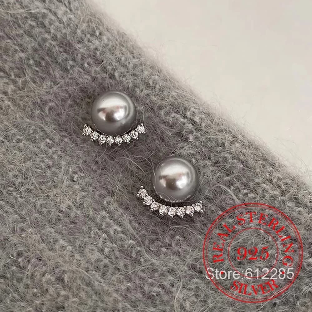 Orecchini geometrici in argento sterling 925 con perle grigie e zirconi per le donne, gioielli per feste di nozze per ragazze, amiche, regalo