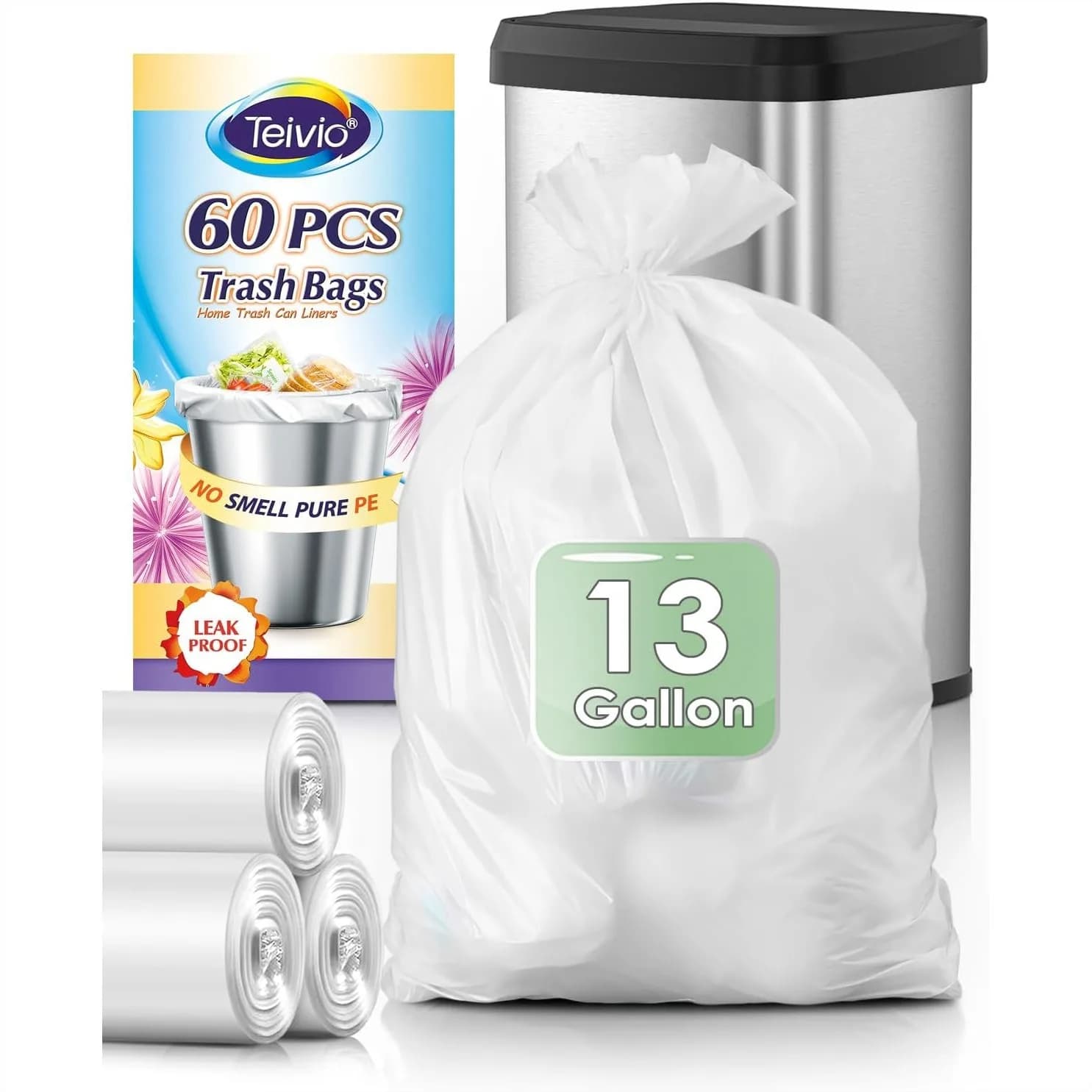 Sacchi per la Spazzatura da Cucina Alti da 13 Galloni, Confezione da 60 Pezzi, Sacchi per Rifiuti Trasparenti da 10-13 Galloni (50 Litri) per Casa e Ufficio