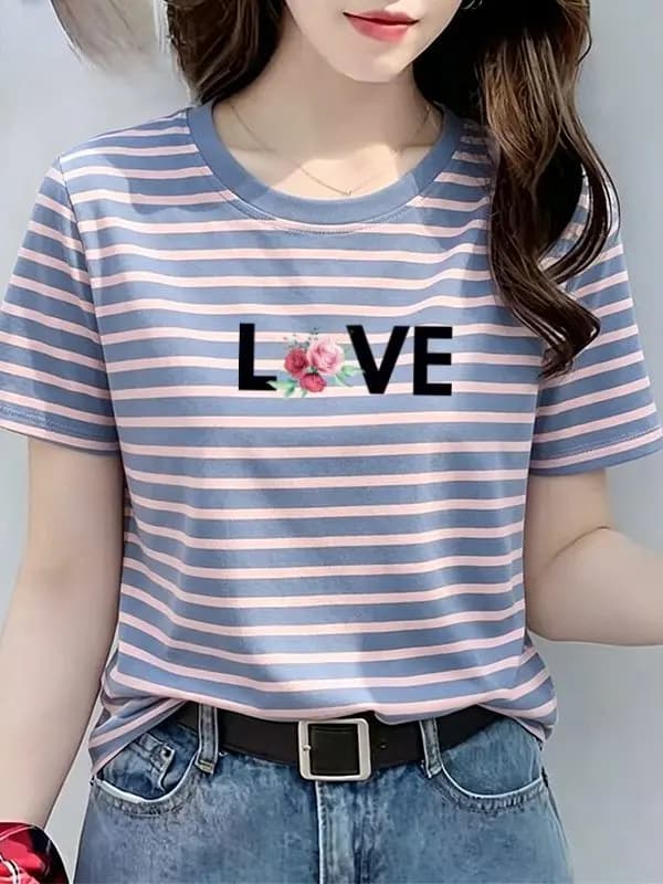 Summer 2026 Women's Loose Striped T-Shirt Short Sleeve Fashionable Casual Cotton Polyester Blend Breathable round Neck Top
