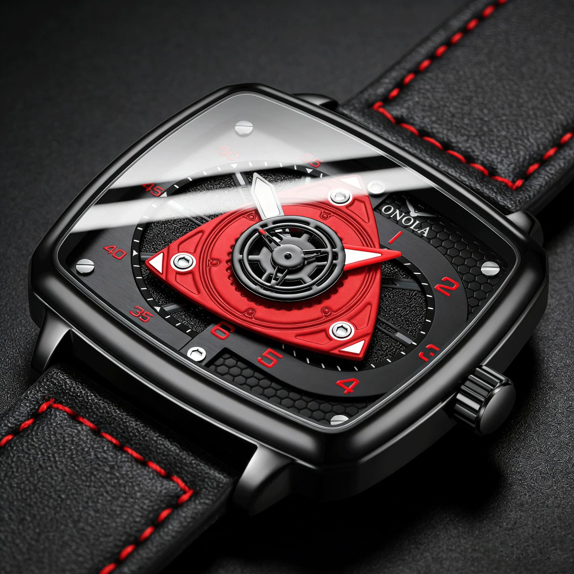 ONOLA Men's Quartz Watch Black Red Racing Style Square Dial Watch Black Leather Strap Waterproof Night Light Fashion Watch