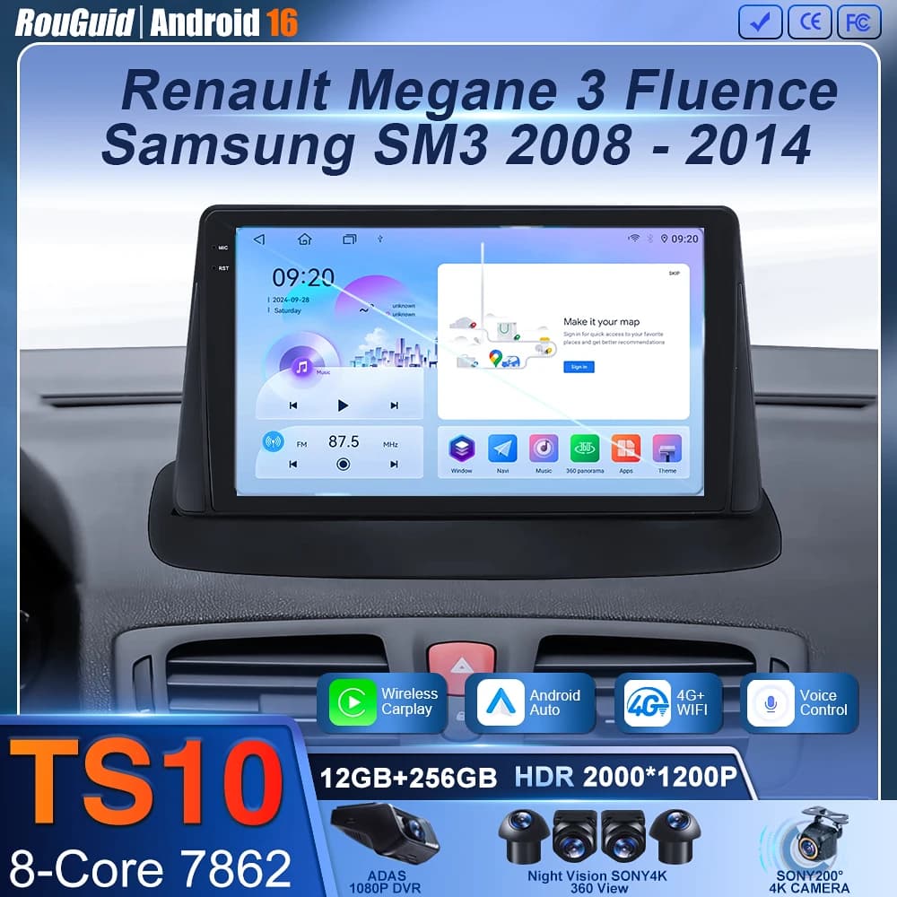 Android 16 per Renault Megane 3 Fluence Samsung SM3 2008 - 2017 Lettore multimediale DSP CarPlay GPS Autoradio