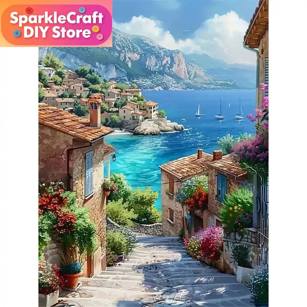 1pc frameless Diamond Painting Street Seaside DIY Full Square Diamond Mosaic Town Landscape Picture Rhinestone Home Decor