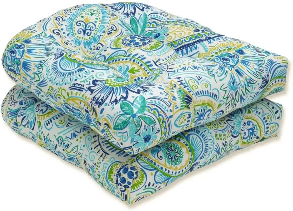 Cuscino per sedia rotondo trapuntato con angoli arrotondati, resistente alle intemperie e allo sbiadimento, per uso interno/esterno, 19x19 pollici, blu/giallo, set da 2