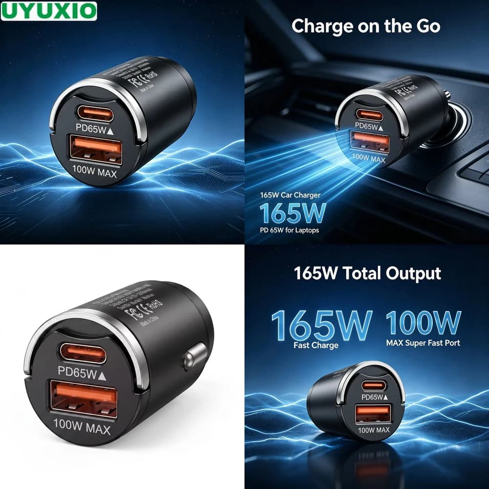 165W Flush Fit Car Charger Compact Metal Flush Fit Design USB C 65W and USB A 100W Dual Charging for Mobile Devices and Laptops