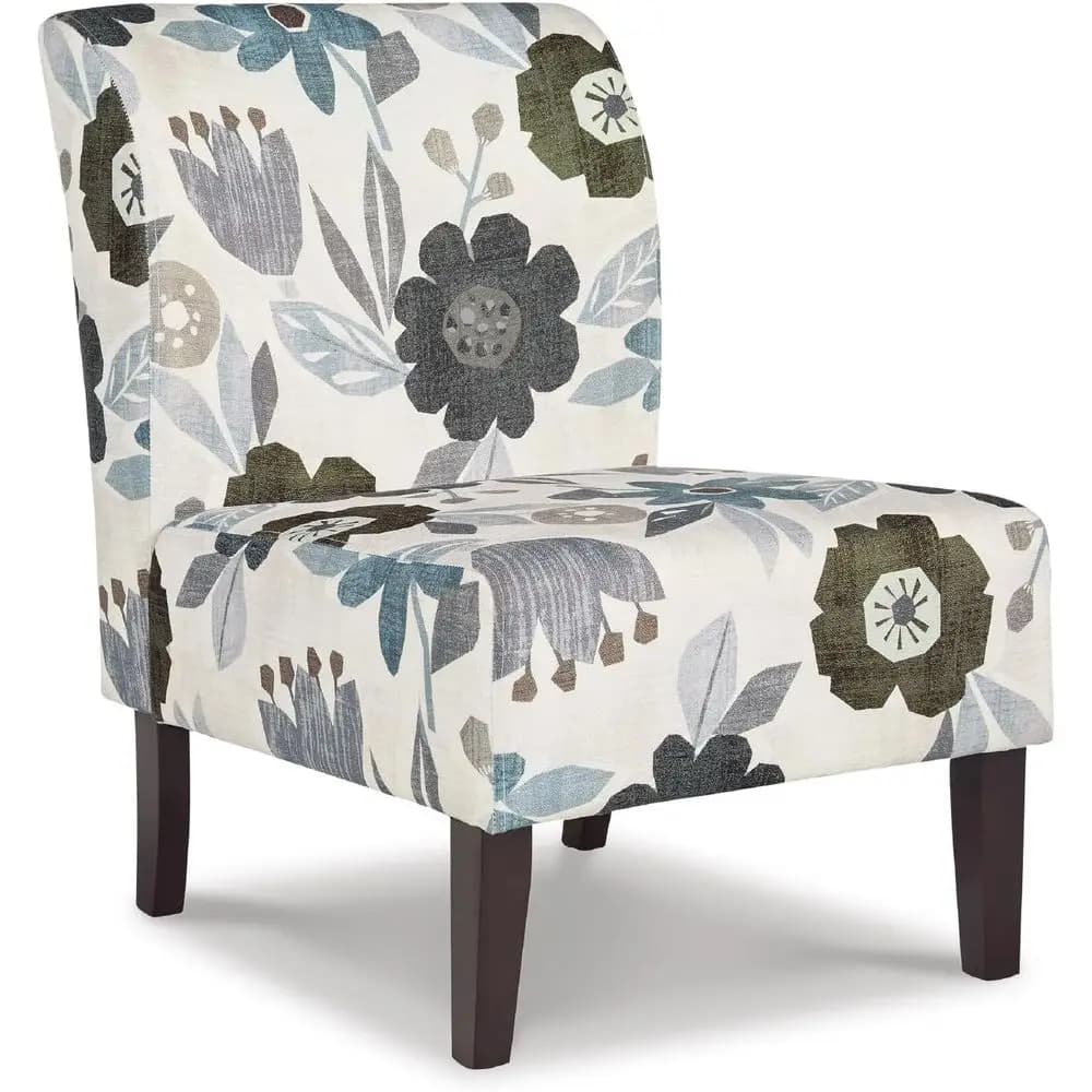 Sedia Triptis loral ArmlAccent con cuscini integrati, rivestimento in tessuto, gambe in legno, altezza seduta 16,63 pollici, bianco, blu e grigio