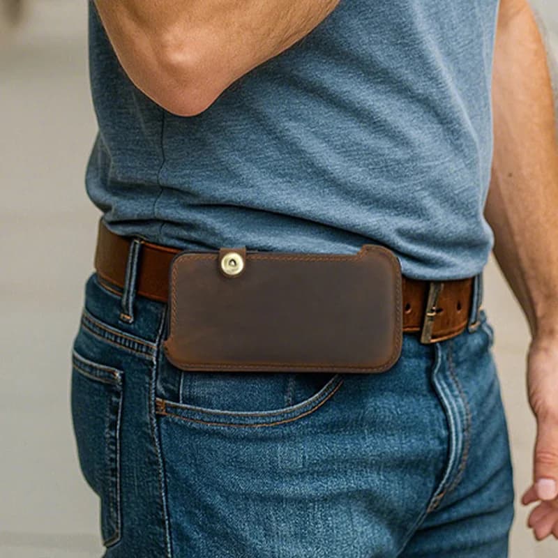 Genuine Leather Belt Phone Holster Magnetic Snap Protective Belt Mounted Phone Holder Pouch Thick Case Outdoor Travel Waist Pack