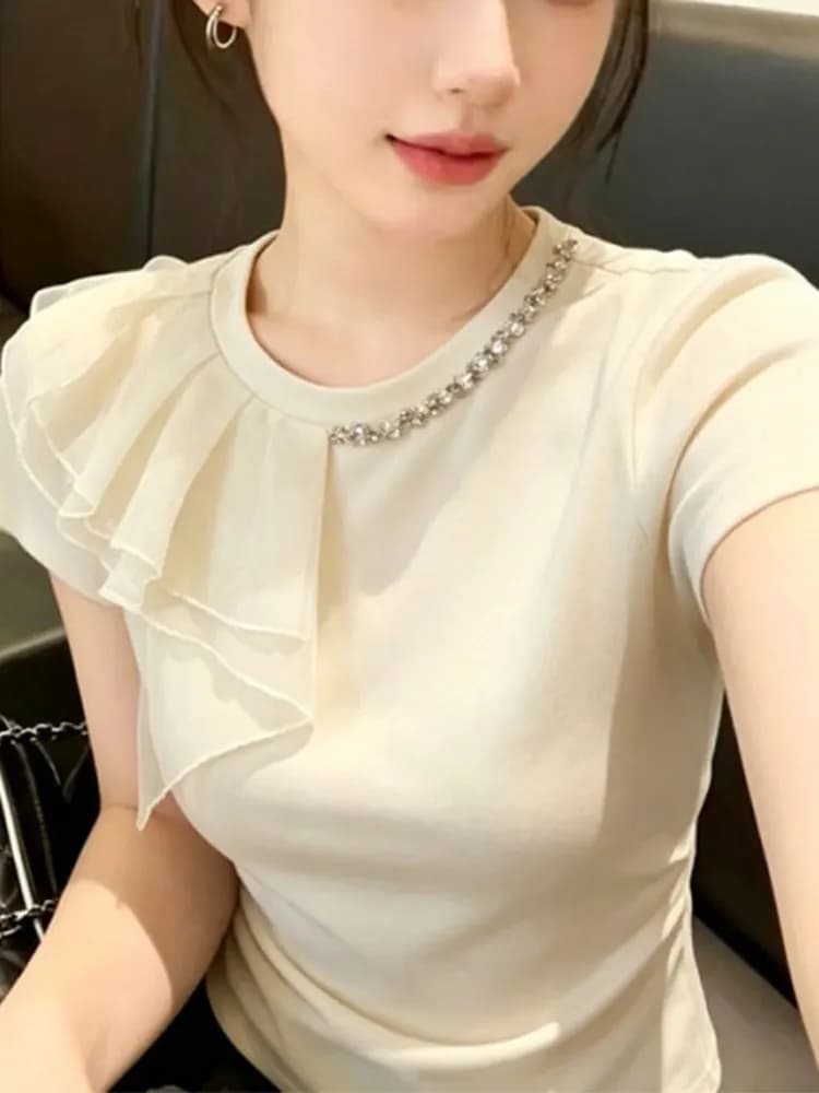 Elegant Lightweight Luxury Slim Fit Short Sleeve T-Shirt Women Summer New Style Meat Conceal Thin Unique Super Beautiful Top