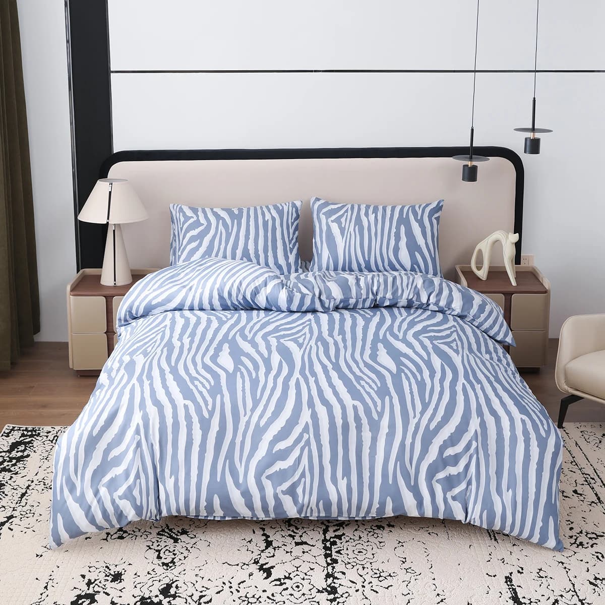 Set da 3 pezzi, set copripiumino con stampa geometrica a strisce zebrate (2 * federa, 1 * copripiumino, senza nucleo) Biancheria da letto bianco sporco, morbida, comoda