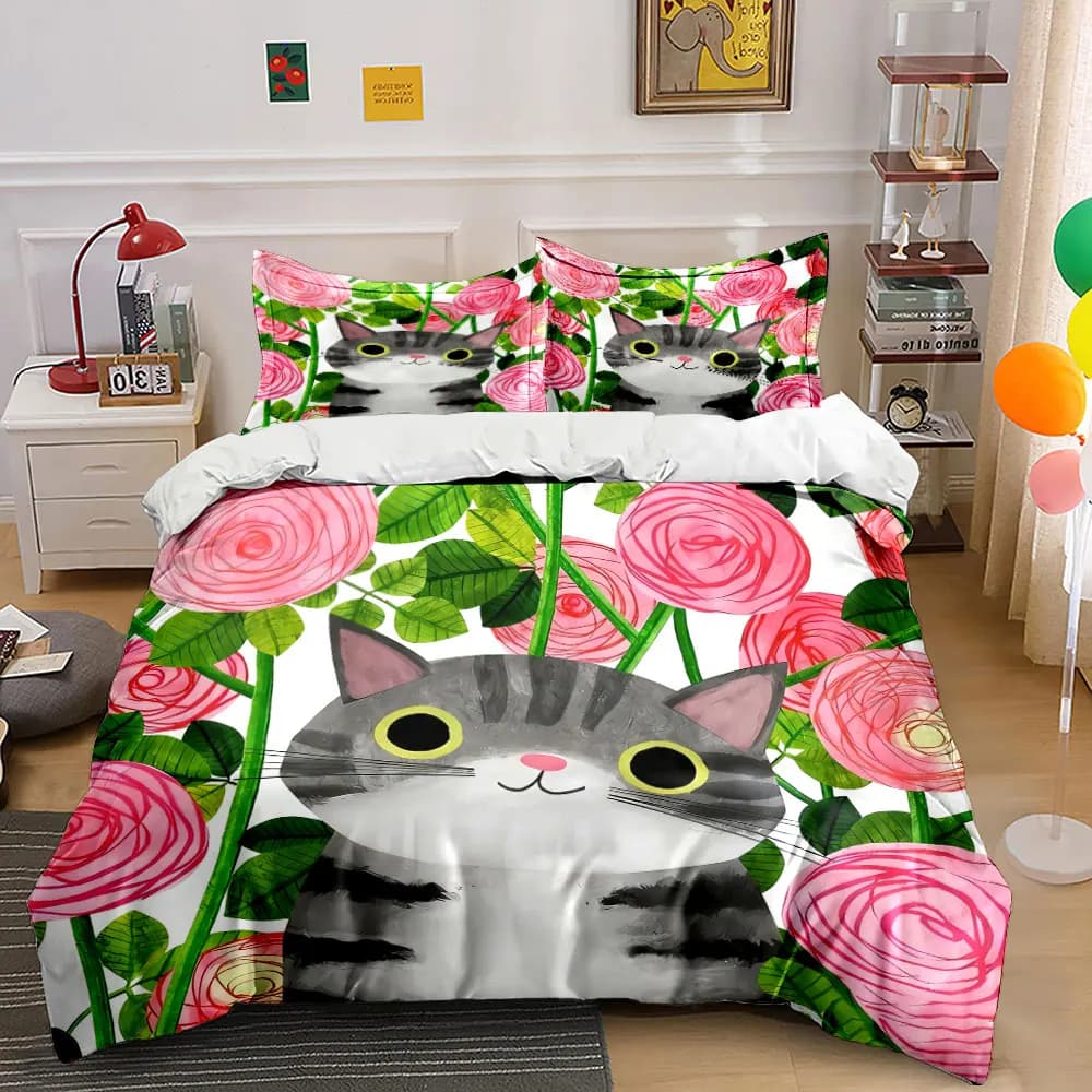 Set Tre Pezzi con Decorazioni Floreali a Tema Gatto, Set Copripiumino Morbido e Confortevole, Include 1 Copripiumino e 2 Federe, Regalo