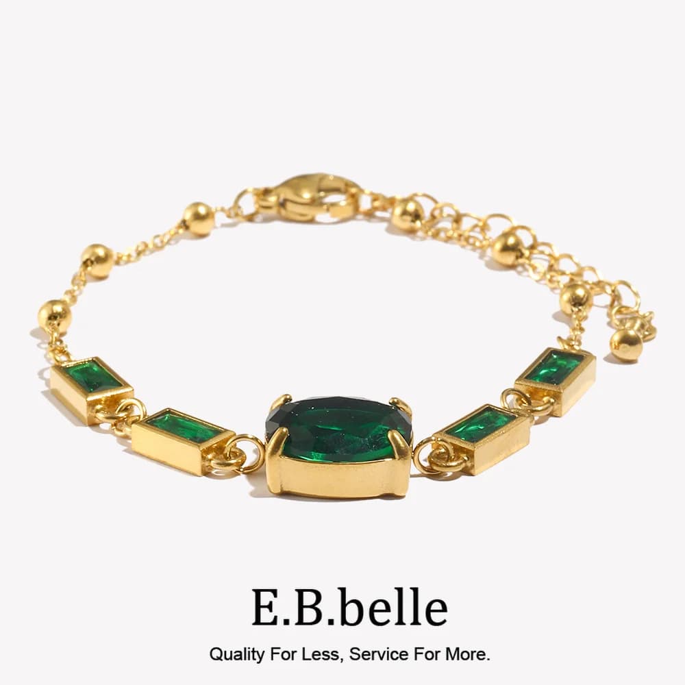 EBbelle Green Oval Rectangular Bracelet Women's Bracelet with Water Resistant Stainless Steel Tie 18K Gold Plated