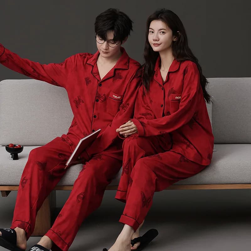 Cardigan di colore rosso Homewear per gli amanti Donne e uomini Abbigliamento per la casa abbinato Grandi dimensioni M-3XL Indumenti da notte Coppie Autunno Indumenti da notte sposati