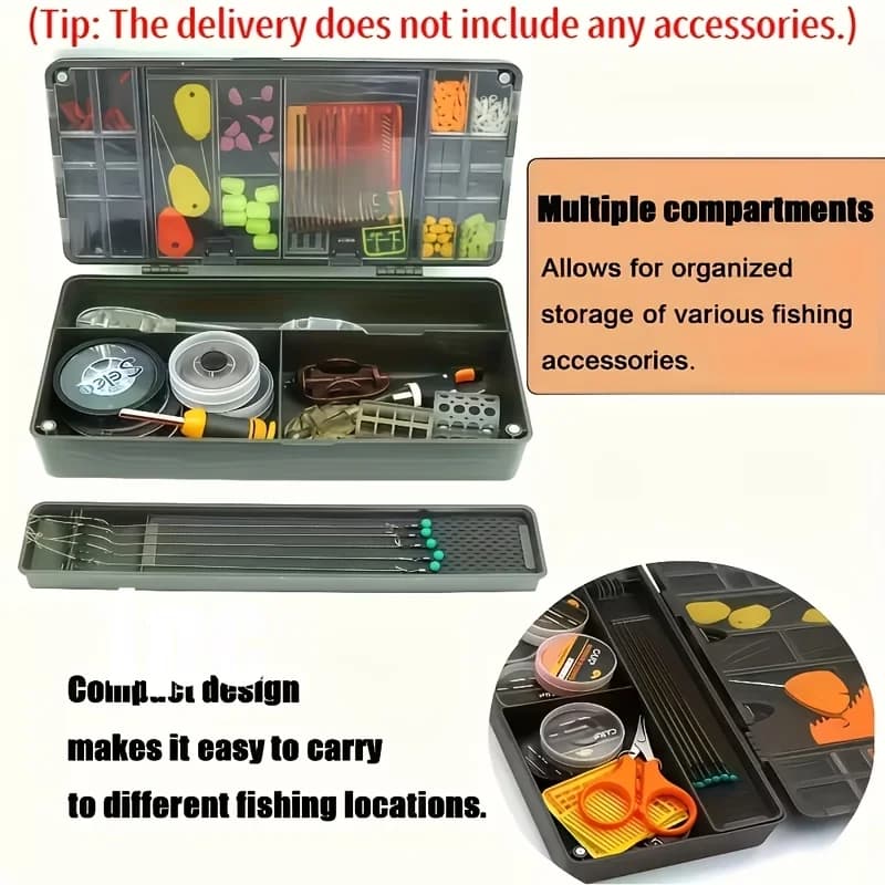 Carp fishing gear box, made of anti-fall ABS material, double-layer with dividers, to protect accessories from loss.