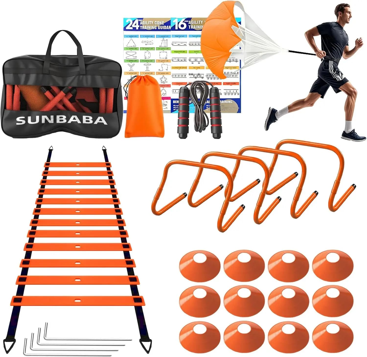 Speed Training Set with 6 Meters Scale, 4 Obstacles, 12 Cones, Corda, Parachutes for Football, Football and Basketball