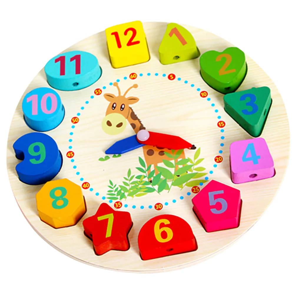 Orologio Educativo con Perline in Legno per Bambini, Gioco di Ordinamento e Riconoscimento di Forme e Numeri, Blocchi da Infilare per Bambini e Bambine