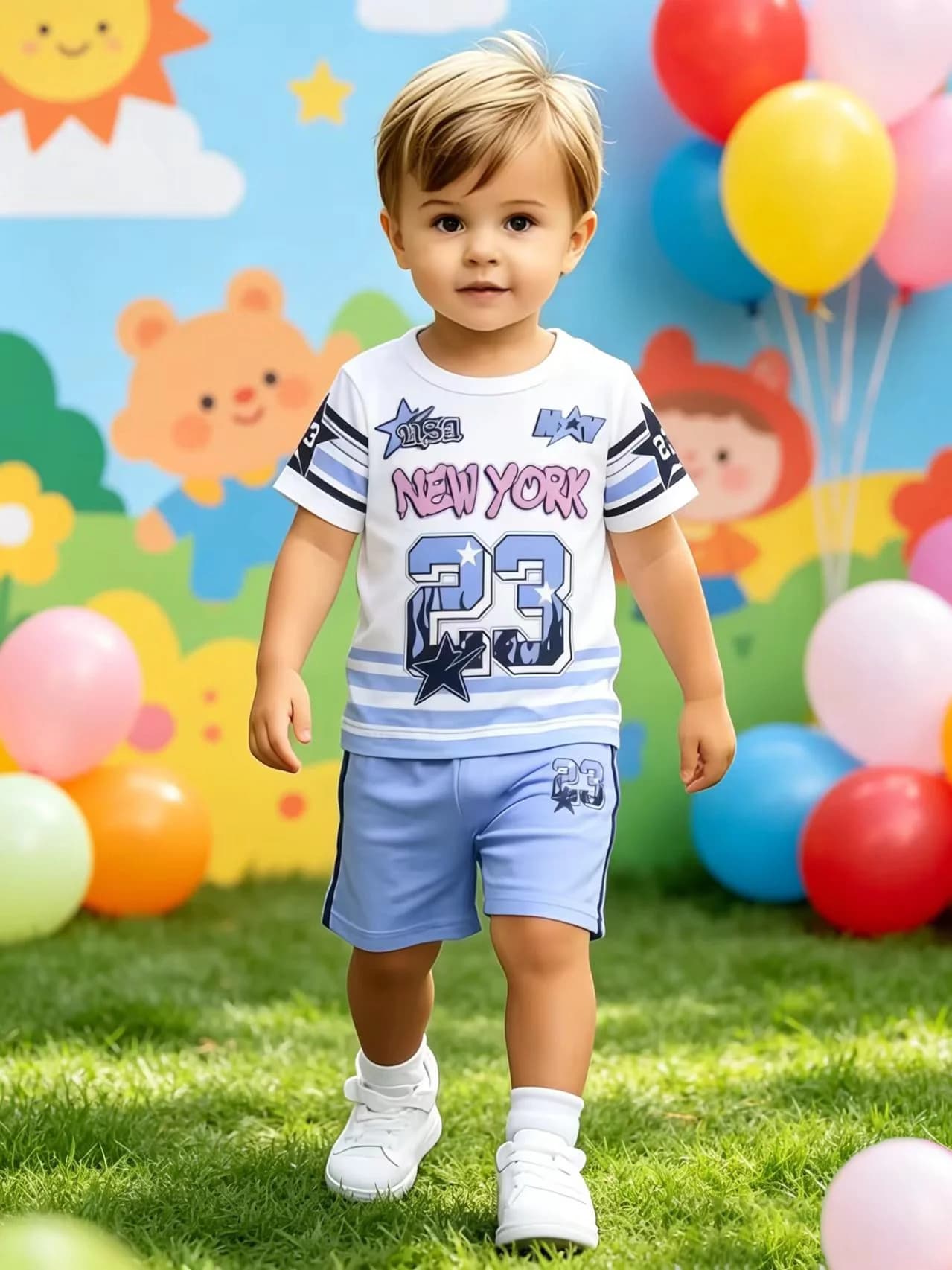 Cool Sport Set Boys Stripe Sleeve NEW YORK Number 23 Print Shorts Casual
