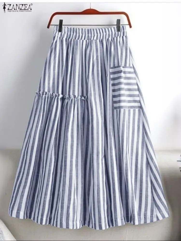 ZANZEA Moda Donna Vita alta Ufficio Gonne a righe Autunno Jupes Elegante A-line OL Lavoro Faldas Saia Elegante gonna longuette a pieghe