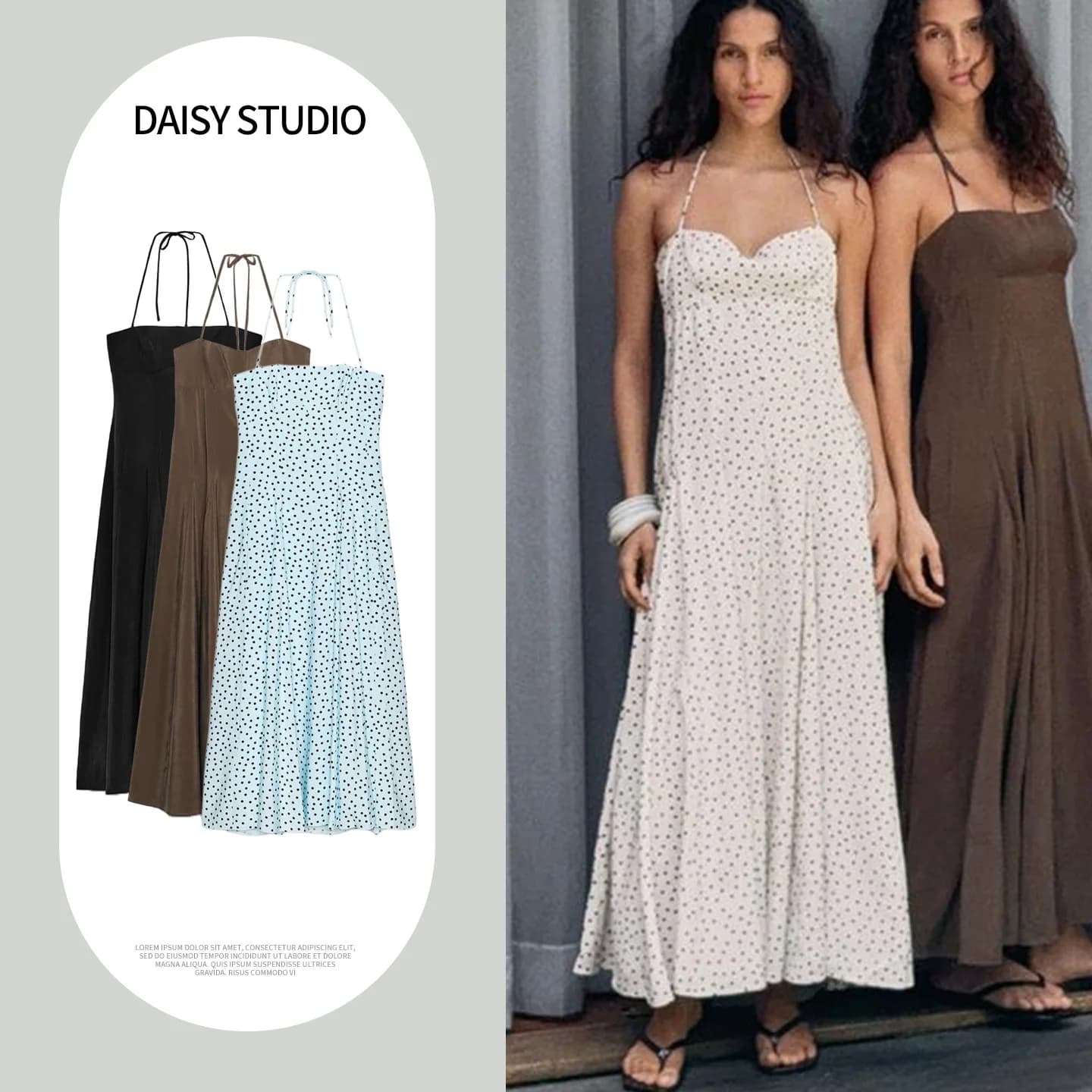 Spring Summer New Knot Belted Midi Dress Polka Dot Neck Hanging Women's Dress Holiday Style Gather Waist A-Line Skirt