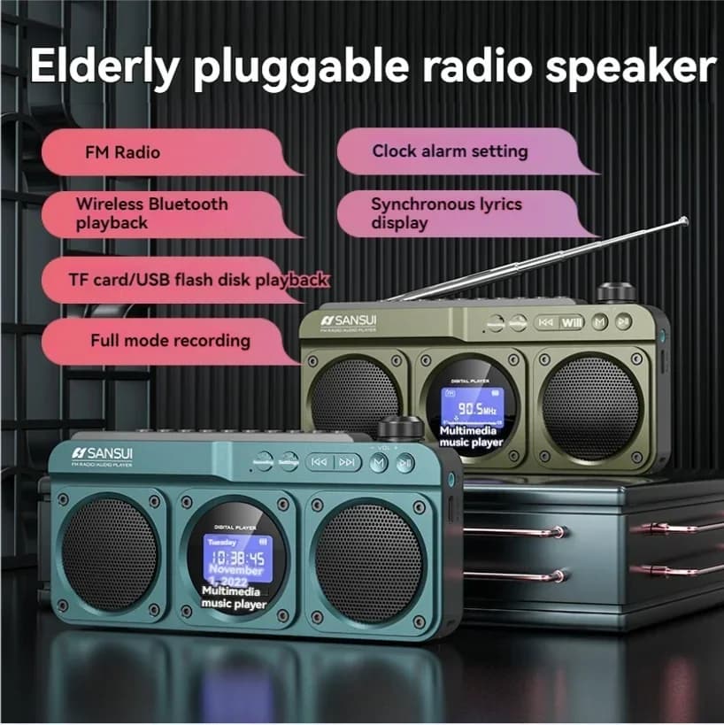SANSUI F28 Dual Speaker Wireless Bluetooth Radio per il medio e gli anziani testi dedicati Display registrazione portatile TF USB