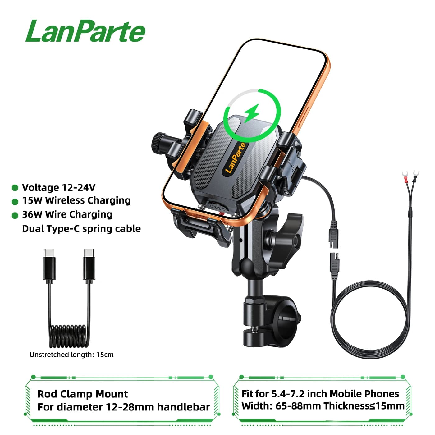 Apex Rush Motorcycle Phone Holder 15W Wireless Charger 36W USB C Fast Charging 4 Shock Absorbers Bike Scoote ATV Phone Stand