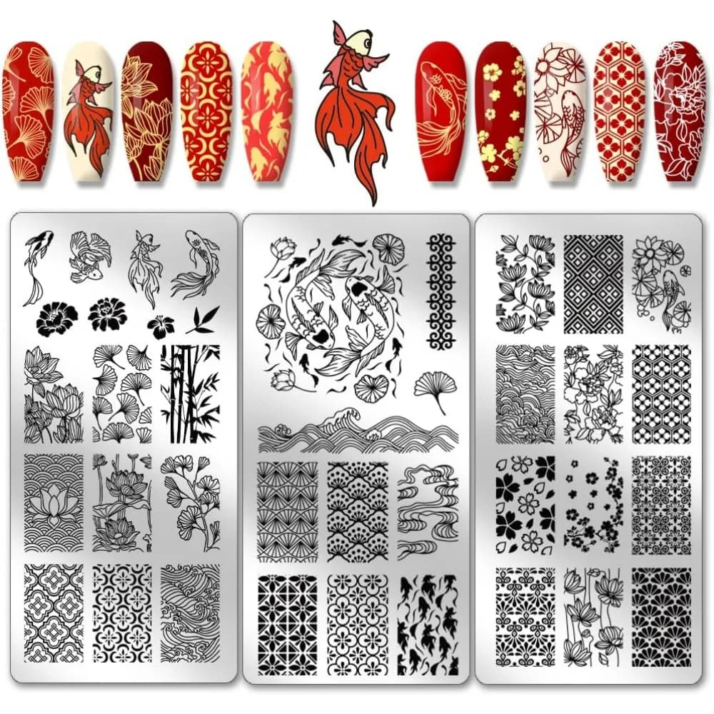 3 Pieces Koi Nail Stamping Plates East Lotus Nail Stamper Plum Bossom Art Stencil Printing Kit for Steel Creation