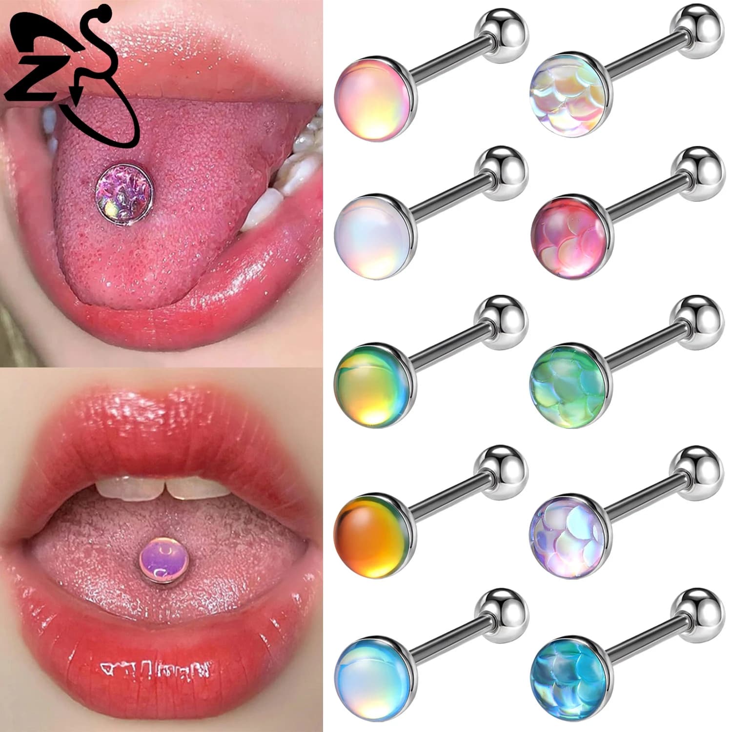 ZS 1 Piece Colorful 14G Stainless Steel Tongue Piercing 7MM Fish Scale Shape Tongue Rings Ear Helix Cartilage Piercings Earring