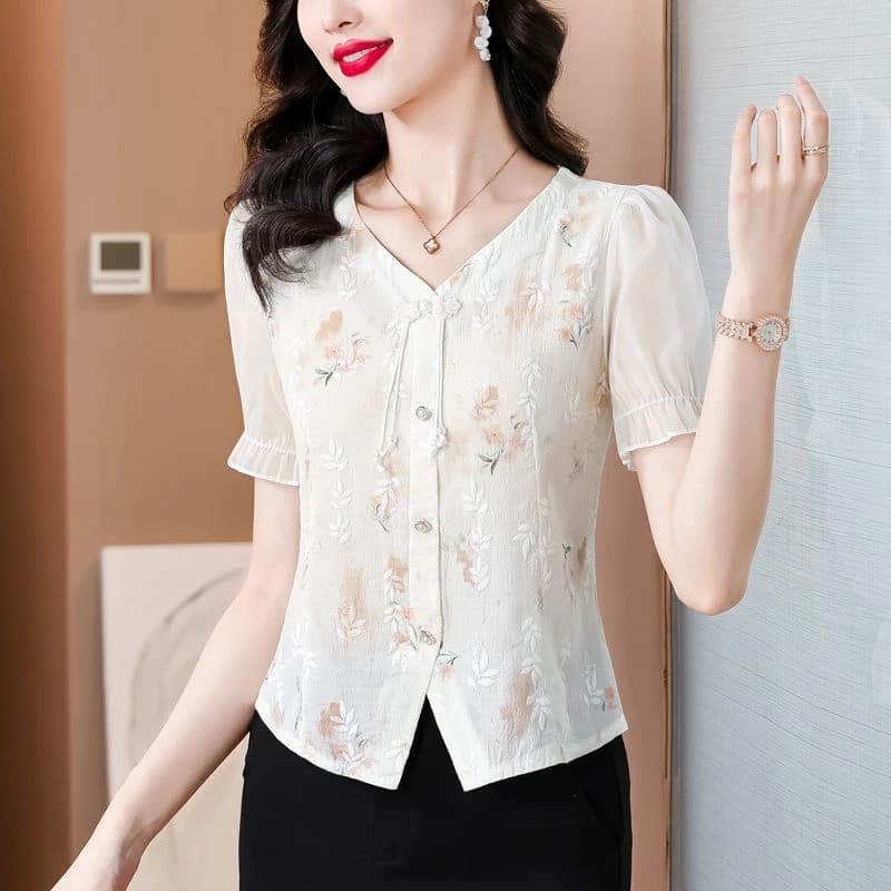 Elegante Camicia Estiva da Donna in Stile Cinese con Ricami, Manica Corta, Scollo a V, Blusa Sottile con Bottoni, Top alla Moda