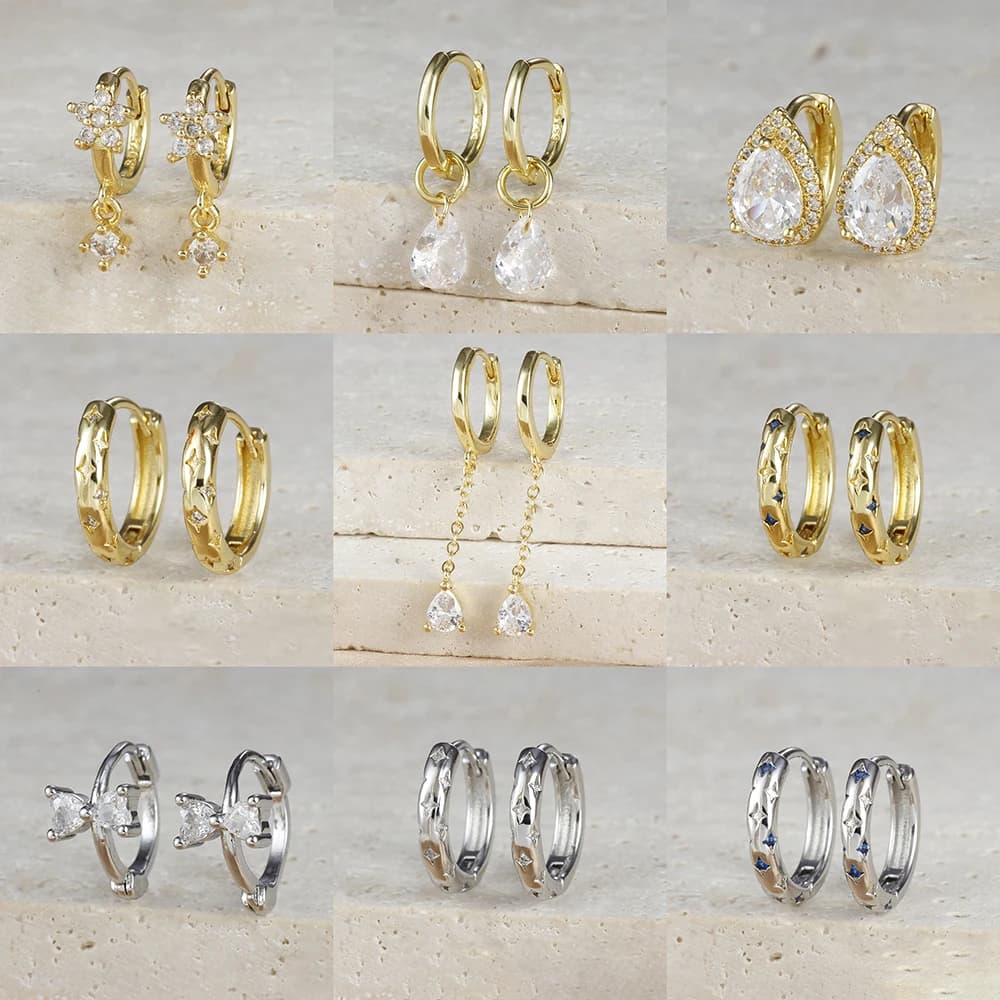 2pcs Stainless Steel Water Drop Star Zircon Gold Plated Huggie Hoop Earrings for Women Round Circle Cartilage Piercing Jewelry