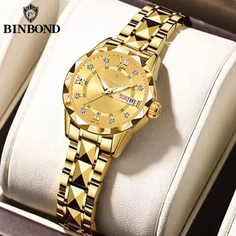 BINBOND 2522 Orologio al quarzo da donna alla moda con timer in acciaio al tungsteno Doppio calendario Orologio da coppia con luce notturna impermeabile