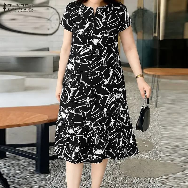 Abito midi estivo da donna con stampa floreale, scollo a V, manica corta, orlo arricciato, abito lungo ZANZEA, abiti casual da vacanza per tutti i giorni